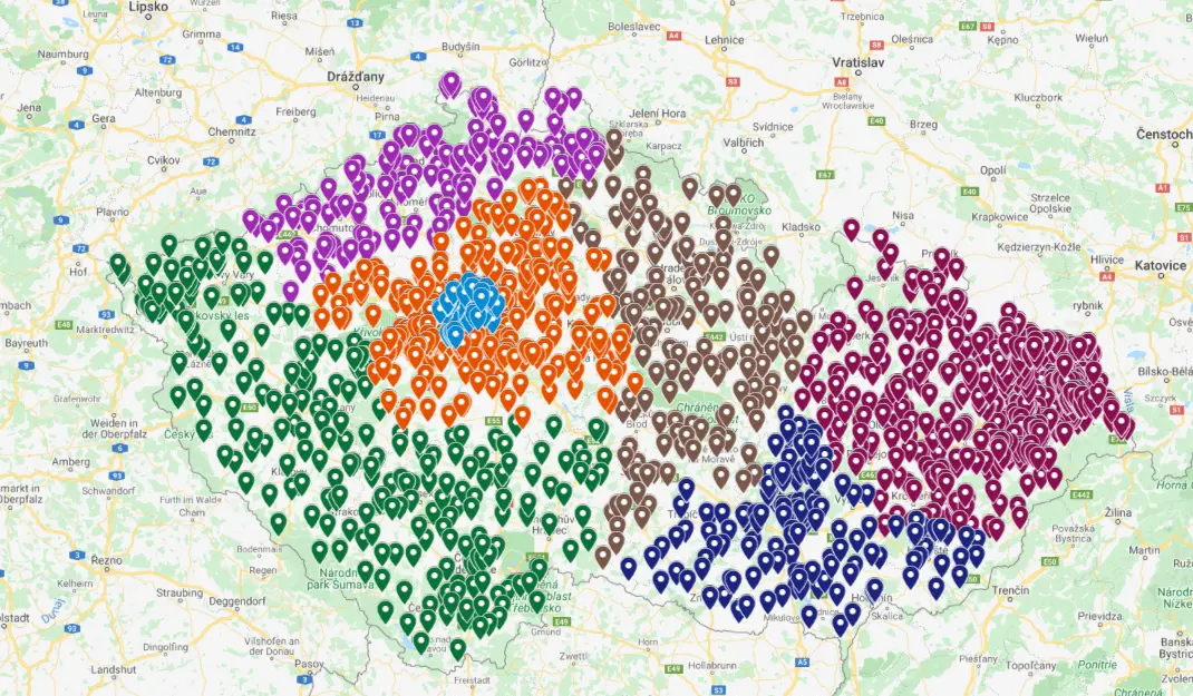 Mapa realizací a rozvozů Sineko